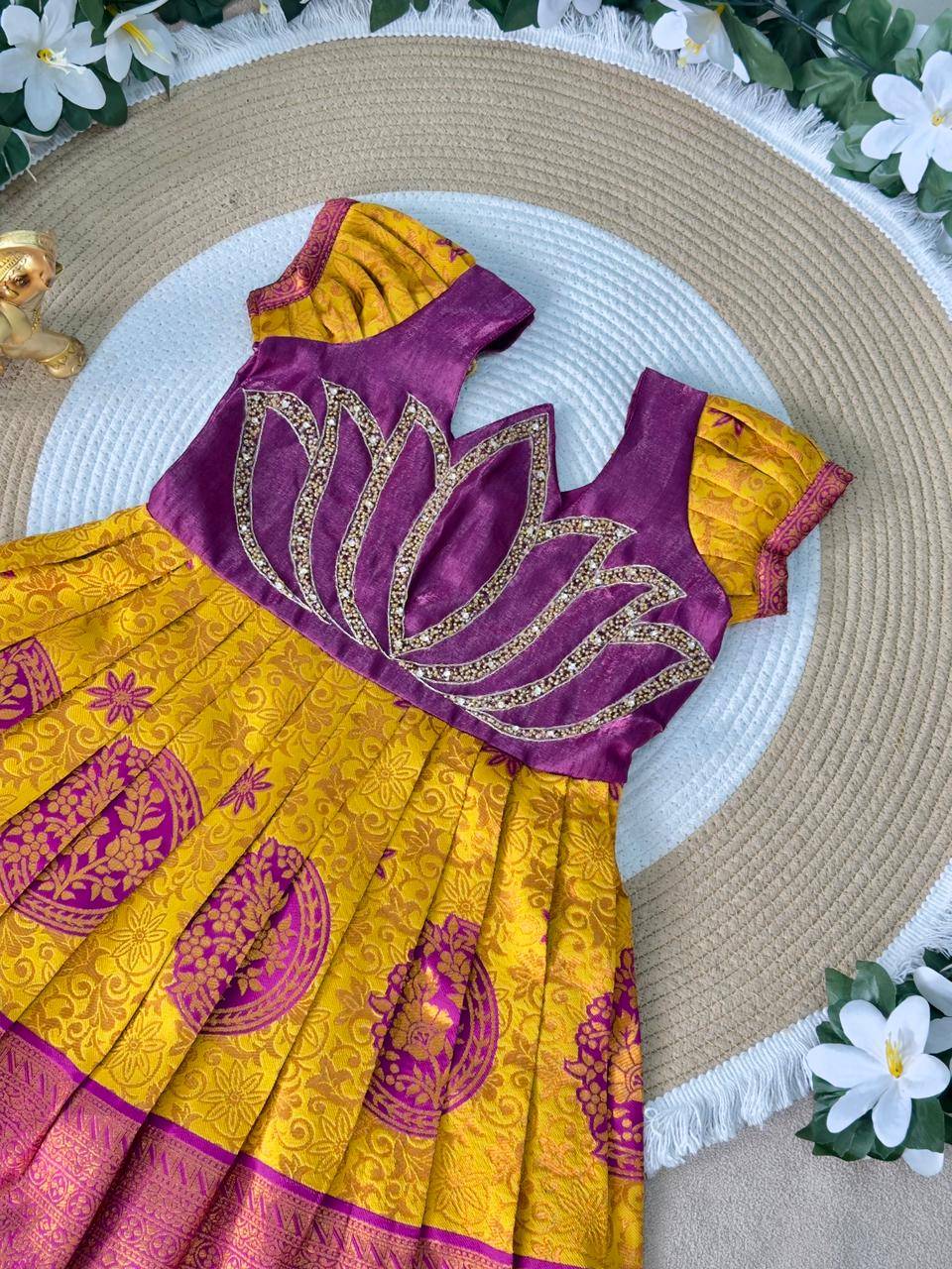 Lotus Frock Jaquard Silk Orange Kids garments market in Ahmedabad